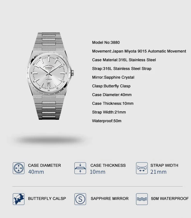 BORMAN Mens Automatic Watches 40mm Mechanical Wristwatch Ultrathick 10mm 5Bar Waterproof Sapphire Mirror Luminous Miyota 9015