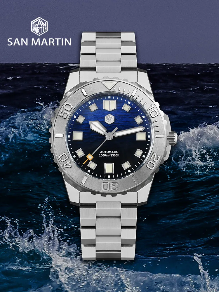 San Martin 1000m Waterproof Sea Waves Texture Dial 43mm Men Diver Watch Helium Escape Valve NH35 Automatic Mechanical SN0147