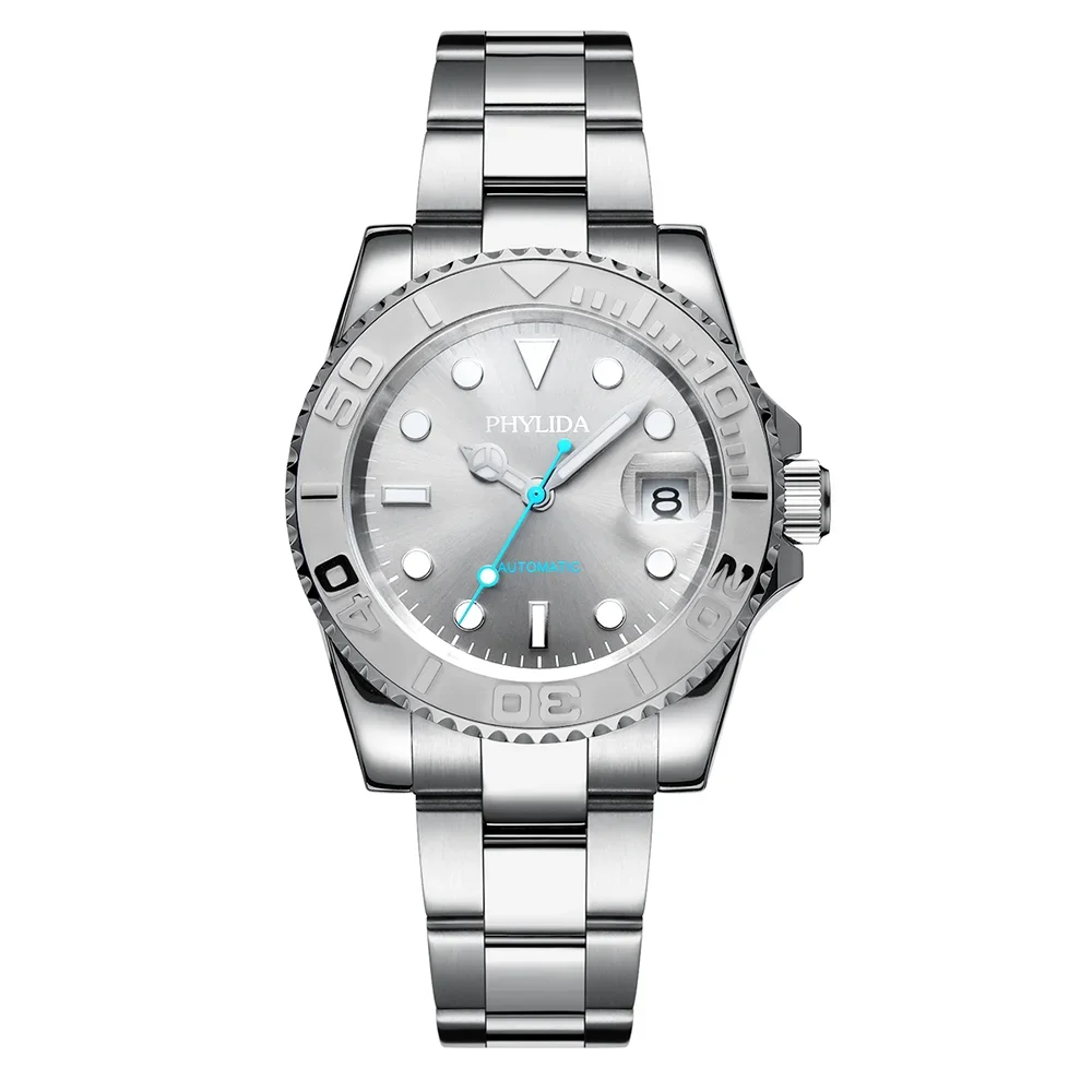 PHYLIDA Yacht Style Automatic 40mm Silver Dial Watch with Sapphire Crystal, Ceramic Bezel, and Miyota 8215 Movement
