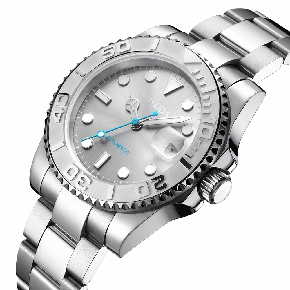 PHYLIDA 40mm Men's Yacht Style Watch Automatic MIYOTA Mov't Sapphire Crystal Ceramic Bezel Insert 100m Water-resistant