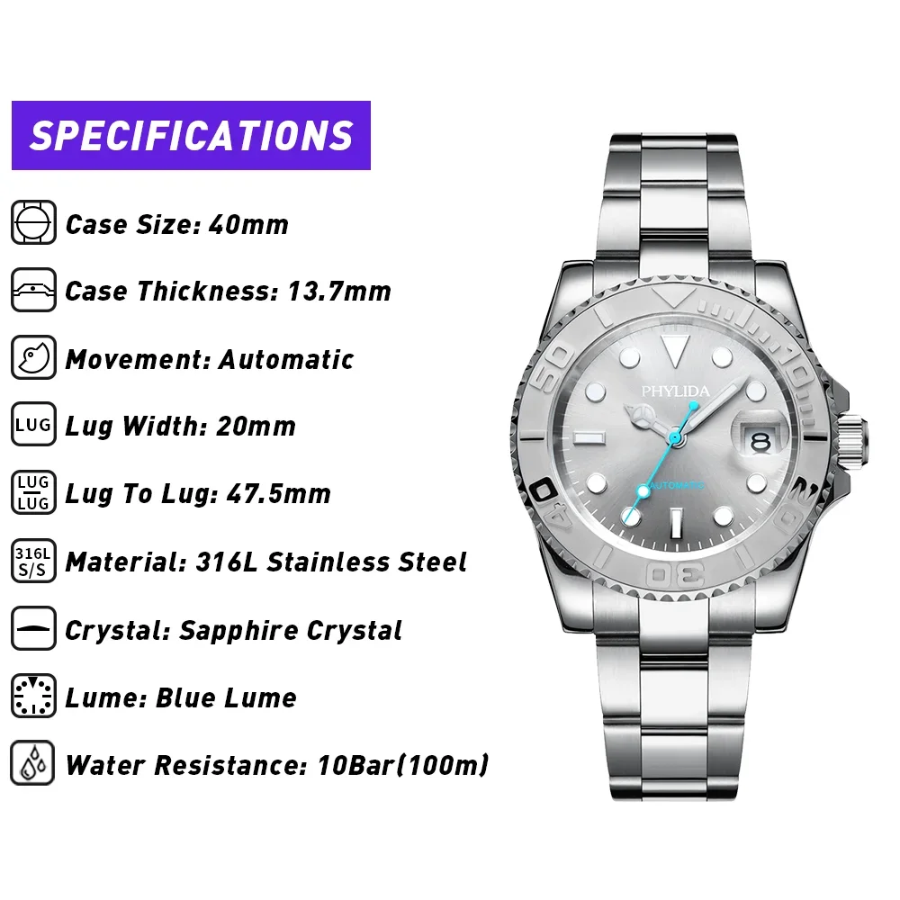 PHYLIDA 40mm Men's Yacht Style Watch Automatic MIYOTA Mov't Sapphire Crystal Ceramic Bezel Insert 100m Water-resistant