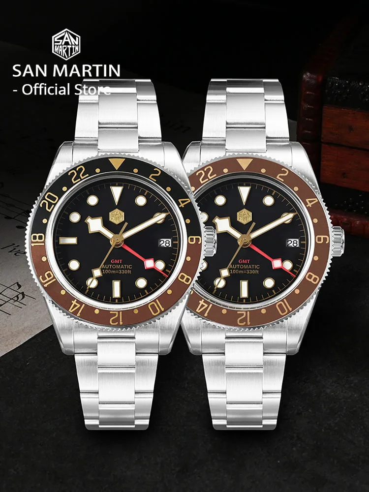 San Martin Root Beer Classic Vintage Luxury Men's Watch 39mm NH34 GMT Automatic Mechanical Watch Sapphire Waterproof 100m SN0109