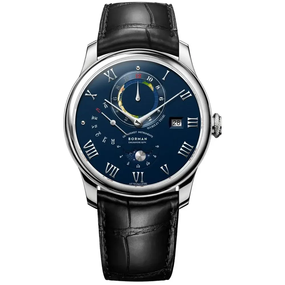 BORMAN 3537 40mm Automatic Mechanical Watch with Moonphase, Calendar Complications, and Sapphire Crystal