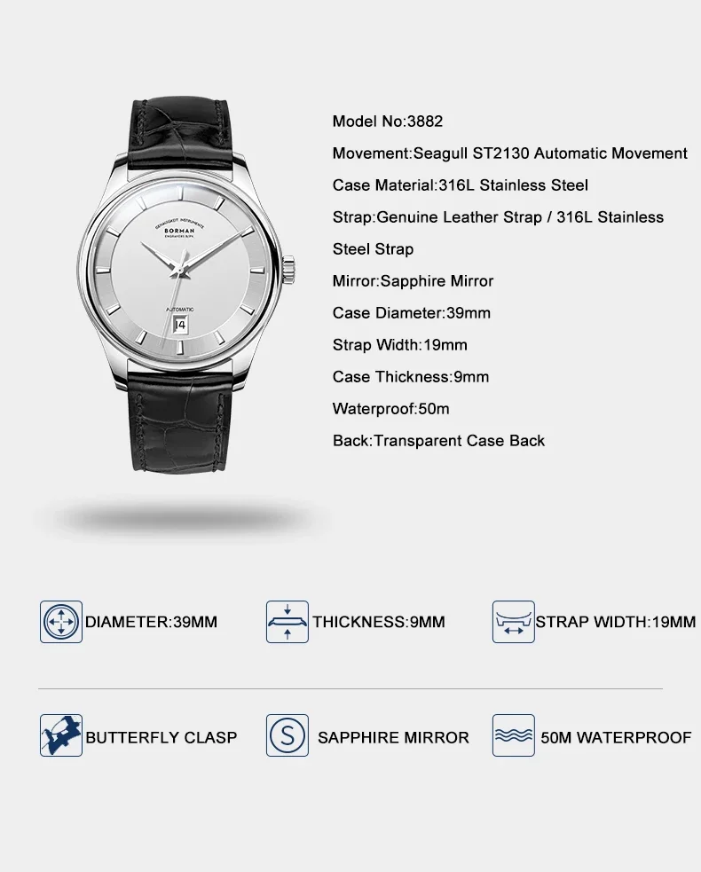 Borman 3882 TOP Watch New 39 Luxury Mens Automatic Watches 39mm Mechanical Wristwatch Ultrathin 9mm Luminous 50m Waterproof Sapp