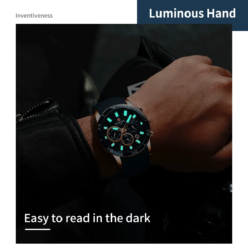REWARD Men Wristwatch Fashion Luxury Waterproof Sport Stopwatch Quartz Watches Business Wrist Watch for Man Silicone Strap