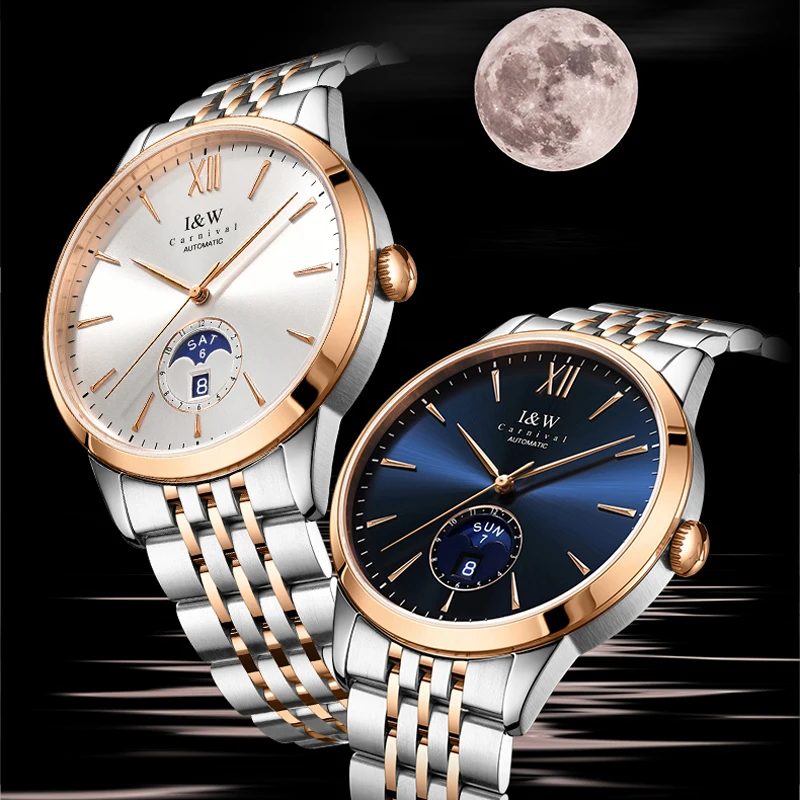 CARNIVAL High-End Series IW Brand Classic Moon Phase Mechanical Watches Men Stainless Steel Sapphire MIYOTA Movement Men Watches