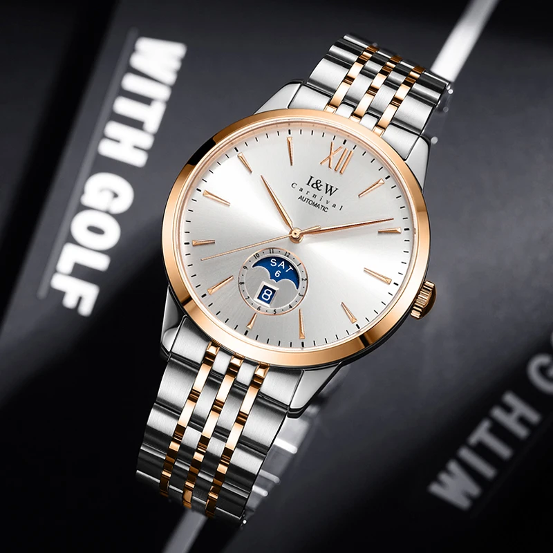 CARNIVAL High-End Series IW Brand Classic Moon Phase Mechanical Watches Men Stainless Steel Sapphire MIYOTA Movement Men Watches