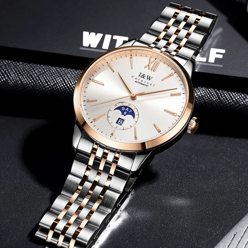 CARNIVAL High-End Series IW Brand Classic Moon Phase Mechanical Watches Men Stainless Steel Sapphire MIYOTA Movement Men Watches