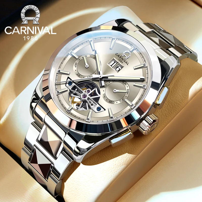 Carnival Brand High-End Tourbillon Mechanical Watch Men Luxury Tungsten Steel Strap 50M Waterproof Sapphire Automatic Watches