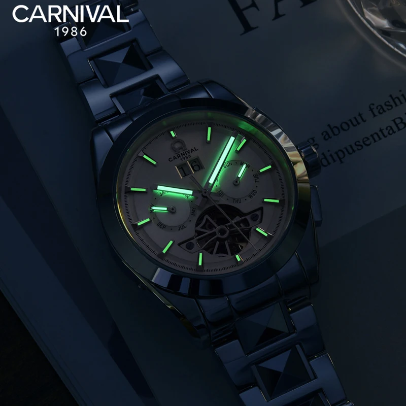 Carnival Brand High-End Tourbillon Mechanical Watch Men Luxury Tungsten Steel Strap 50M Waterproof Sapphire Automatic Watches