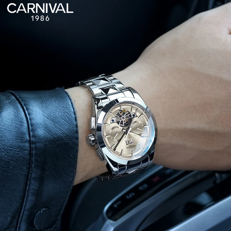 Carnival Brand High-End Tourbillon Mechanical Watch Men Luxury Tungsten Steel Strap 50M Waterproof Sapphire Automatic Watches