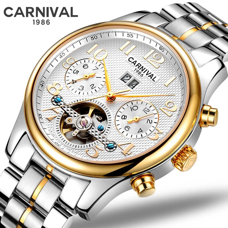 CARNIVAL 8670 Tourbillon Style Automatic Watch with Open Heart Flywheel and Multi-Function Subdials