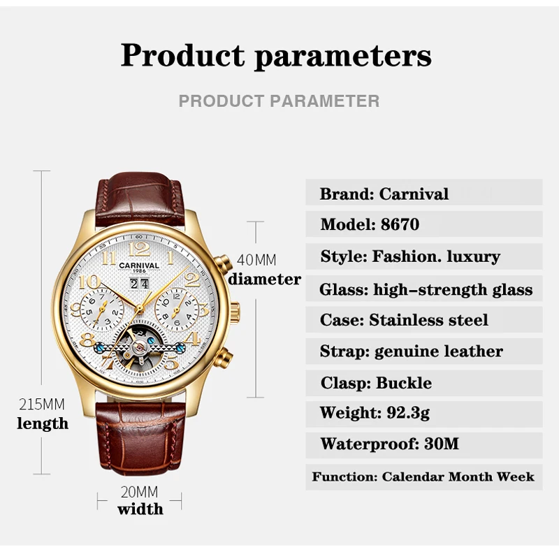 Carnival New Fashion Men's Automatic Mechanical Watch Luxury Tourbillon Watches For Men Waterproof Man Wristwatch Montre Homme