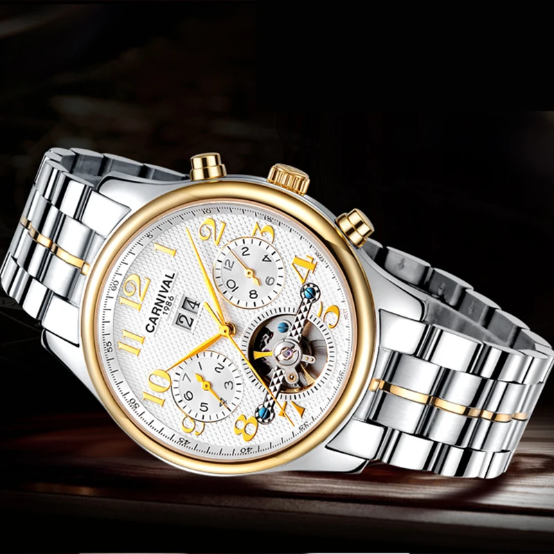 Carnival New Fashion Men's Automatic Mechanical Watch Luxury Tourbillon Watches For Men Waterproof Man Wristwatch Montre Homme