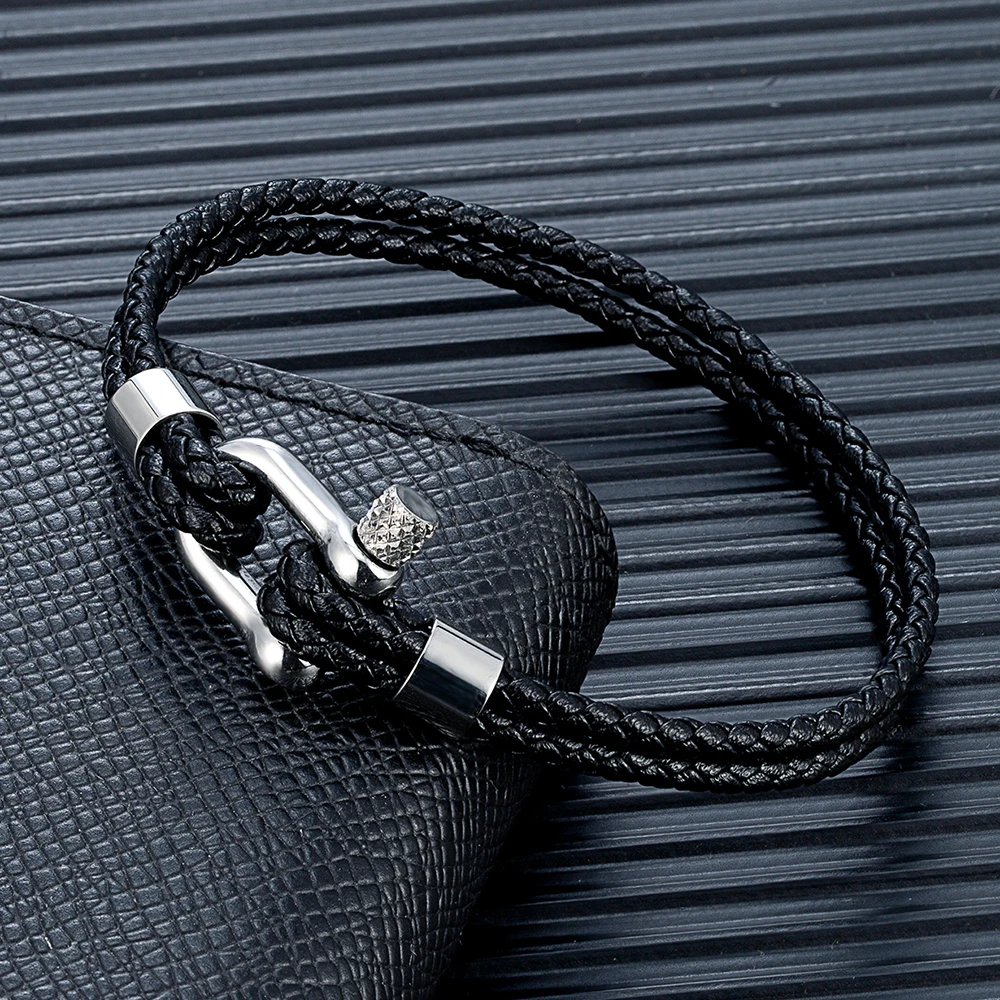 MKENDN Black Stainless Steel Shackle Bracelet Simple Double Layer Blue Leather Bracelets for Men Women Handmade Nautical Jewelry