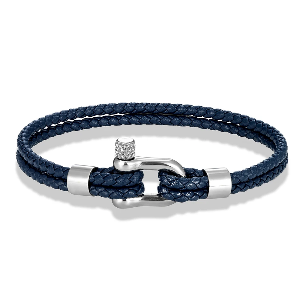 MKENDN Black Stainless Steel Shackle Bracelet Simple Double Layer Blue Leather Bracelets for Men Women Handmade Nautical Jewelry