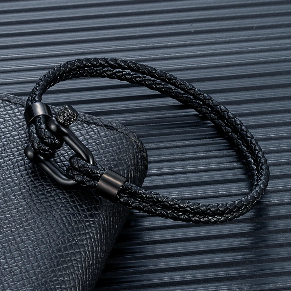 MKENDN Black Stainless Steel Shackle Bracelet Simple Double Layer Blue Leather Bracelets for Men Women Handmade Nautical Jewelry