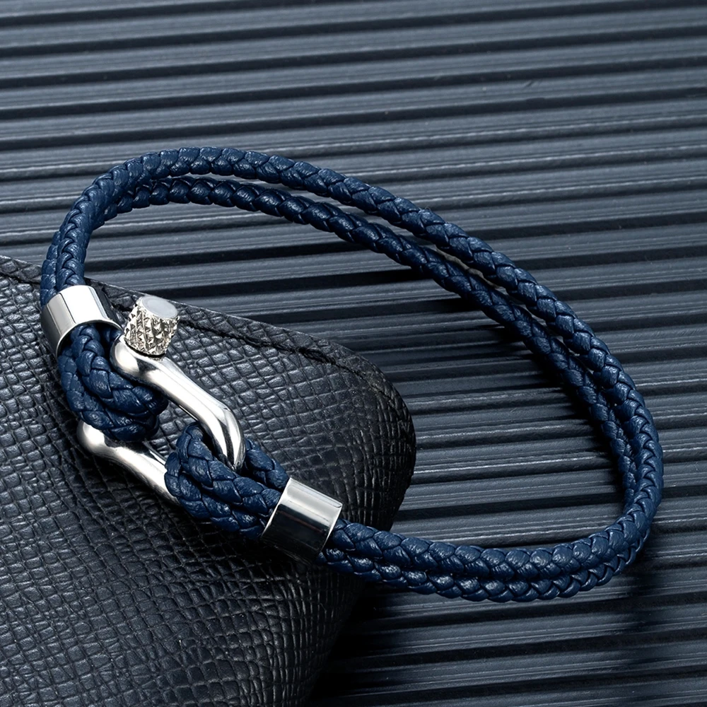 Double-layer leather bracelet with stainless steel shackle clasp in black and navy blue