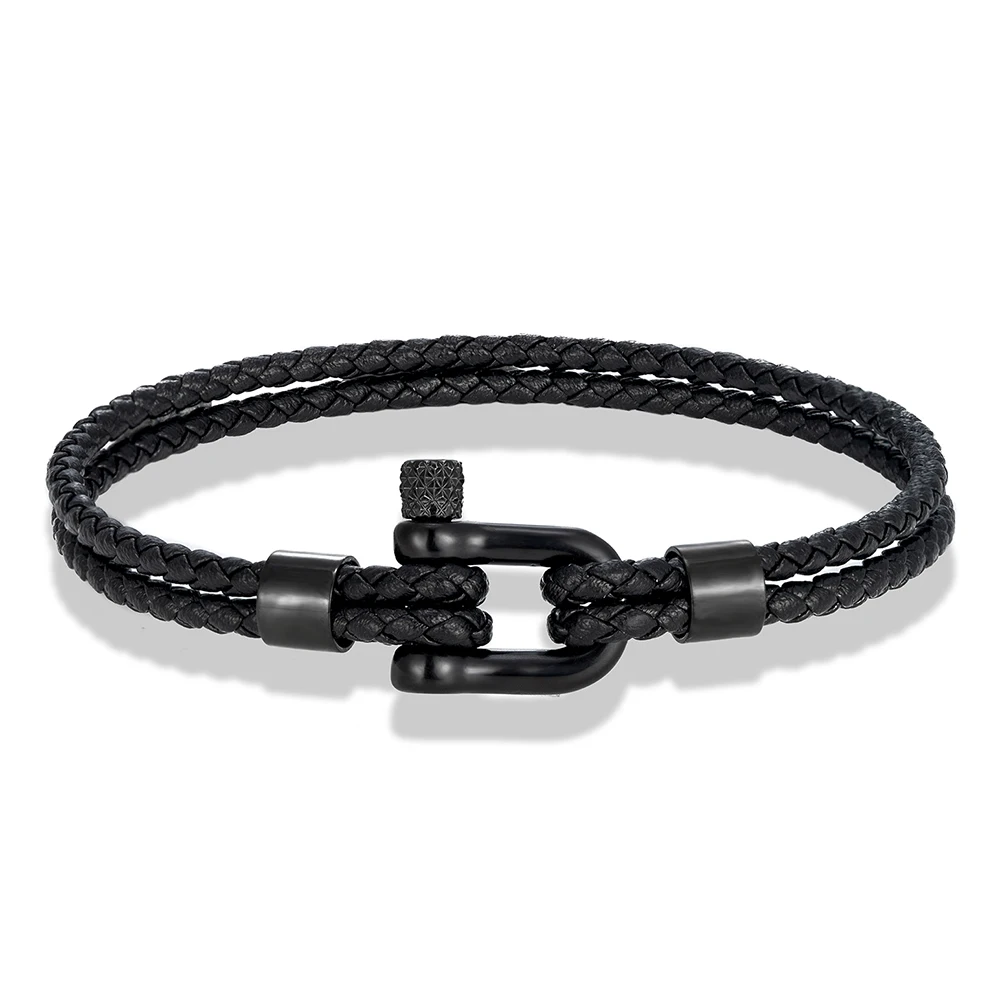 MKENDN Black Stainless Steel Shackle Bracelet Simple Double Layer Blue Leather Bracelets for Men Women Handmade Nautical Jewelry