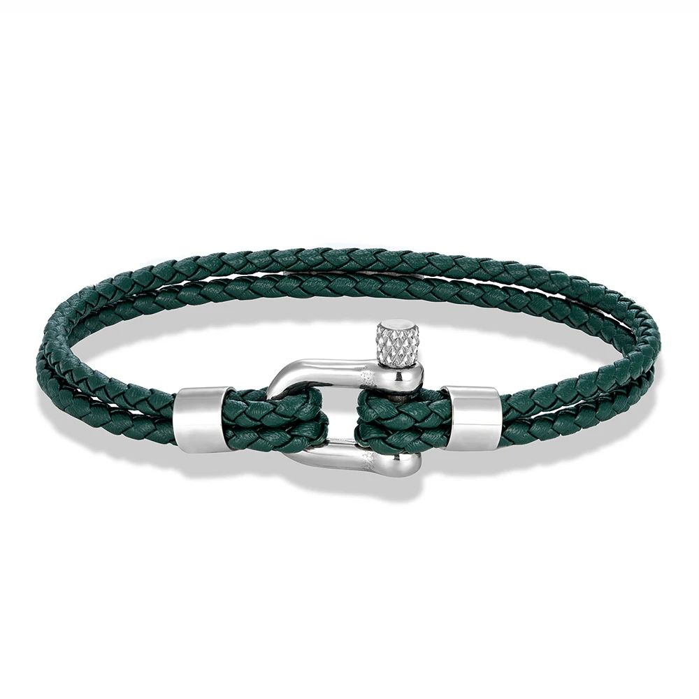 MKENDN Black Stainless Steel Shackle Bracelet Simple Double Layer Blue Leather Bracelets for Men Women Handmade Nautical Jewelry