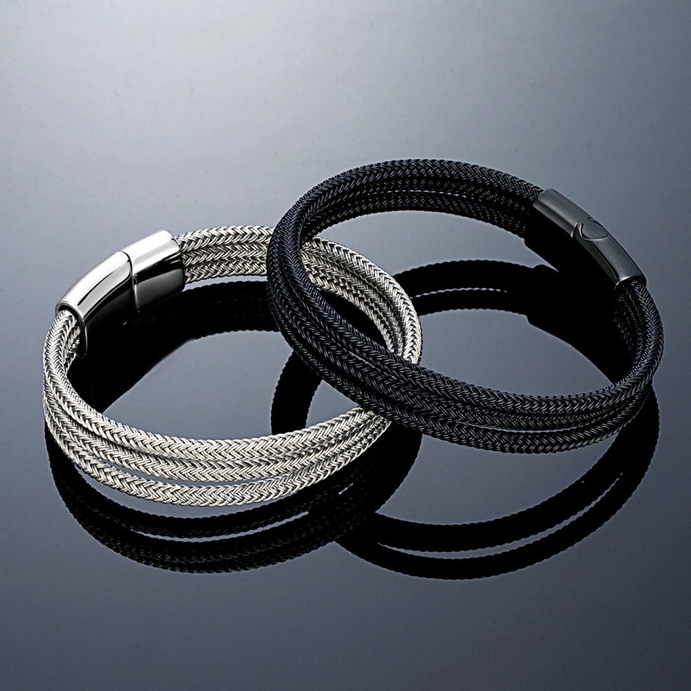 MKENDN Locomotive Men Punk Rock Steel Wire Bracelet Black Silver Color Stainless Steel Magnet Button Male Jewelry Gifts