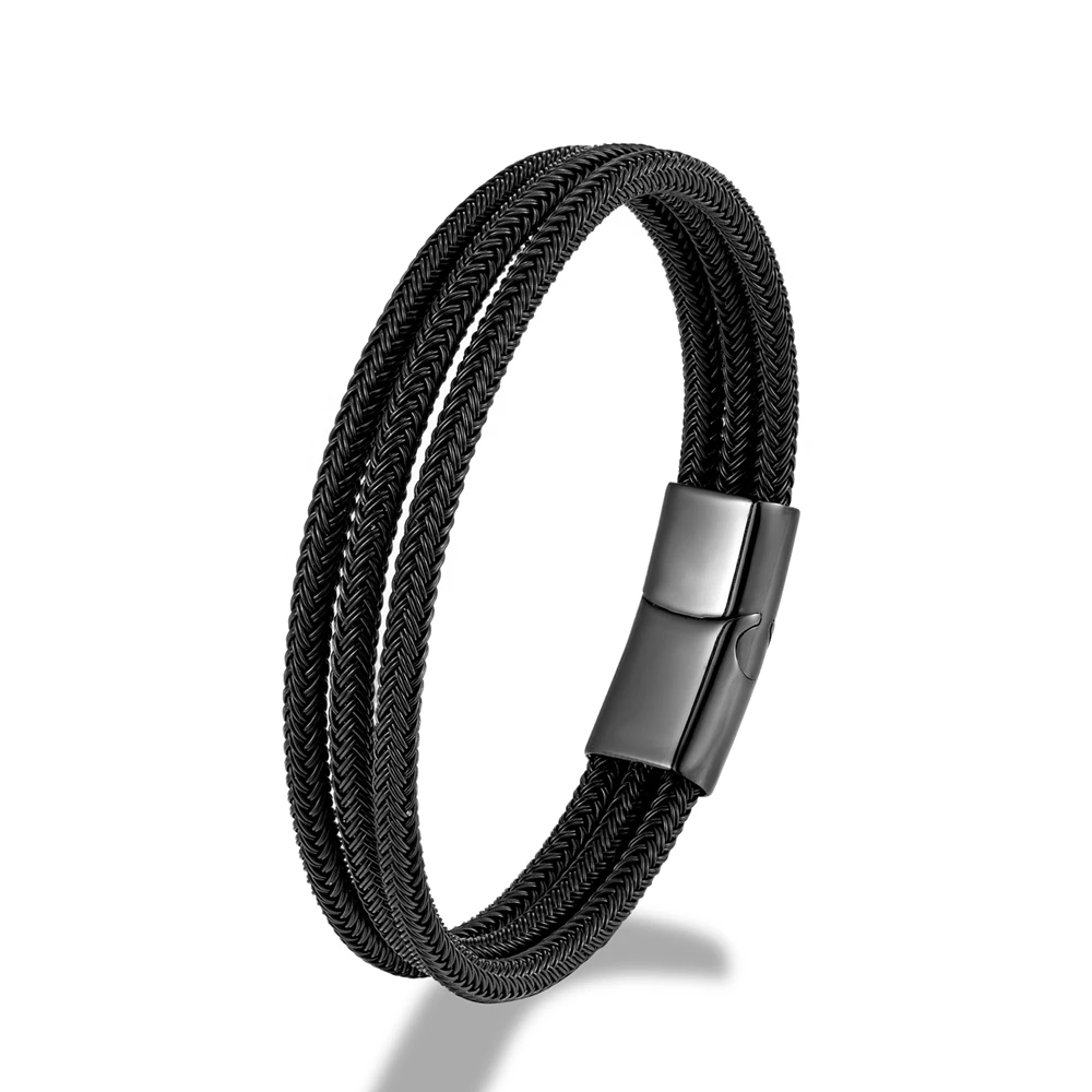 MKENDN Locomotive Men Punk Rock Steel Wire Bracelet Black Silver Color Stainless Steel Magnet Button Male Jewelry Gifts