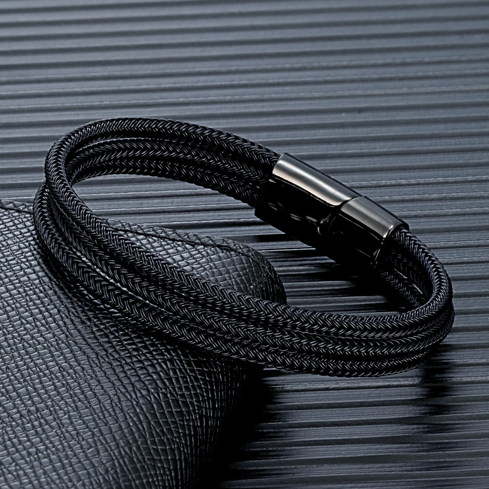 MKENDN Locomotive Men Punk Rock Steel Wire Bracelet Black Silver Color Stainless Steel Magnet Button Male Jewelry Gifts