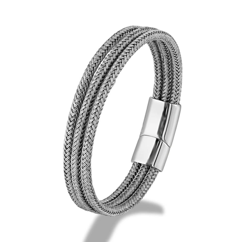 MKENDN Locomotive Men Punk Rock Steel Wire Bracelet Black Silver Color Stainless Steel Magnet Button Male Jewelry Gifts