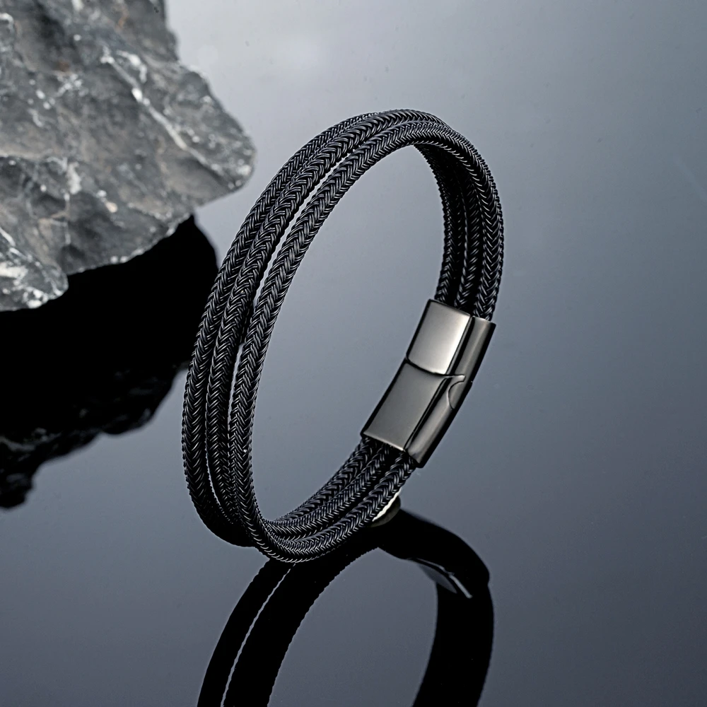 MKENDN Locomotive Men Punk Rock Steel Wire Bracelet Black Silver Color Stainless Steel Magnet Button Male Jewelry Gifts