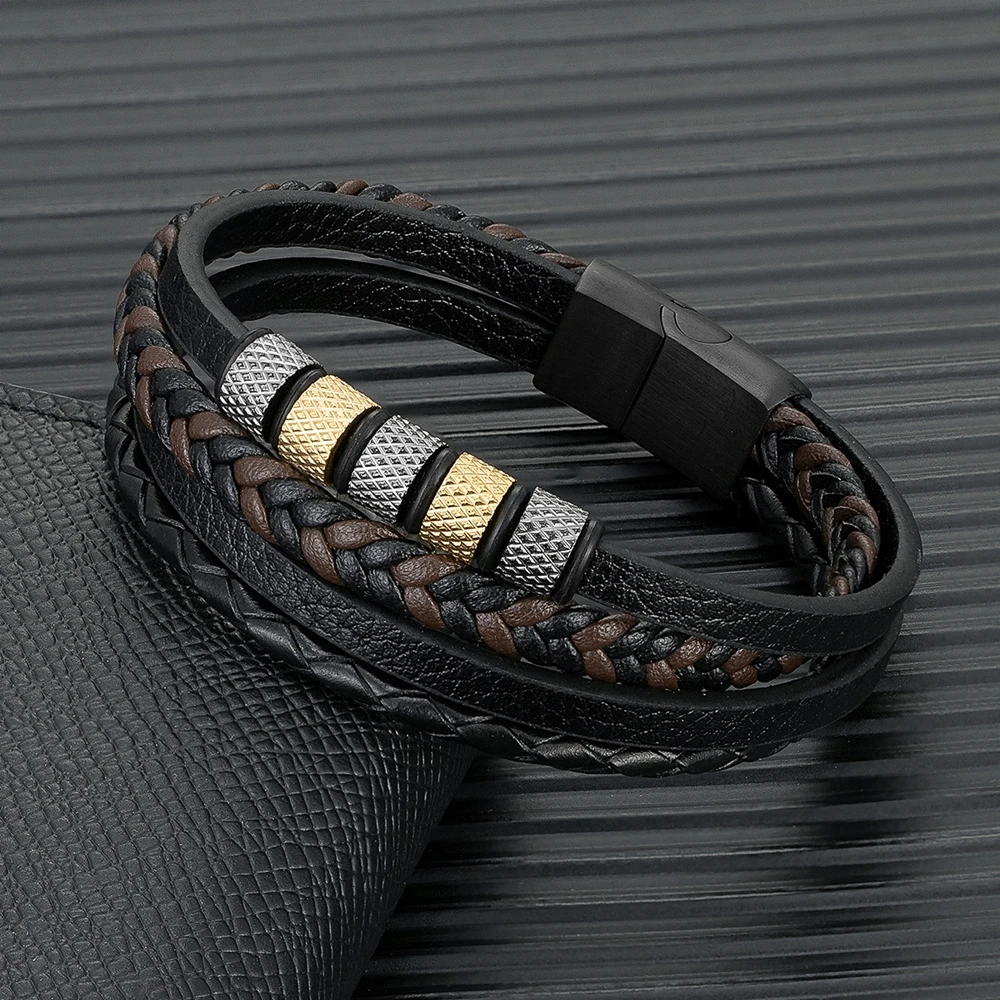 Men’s multilayer braided leather bracelet with gold and silver beads