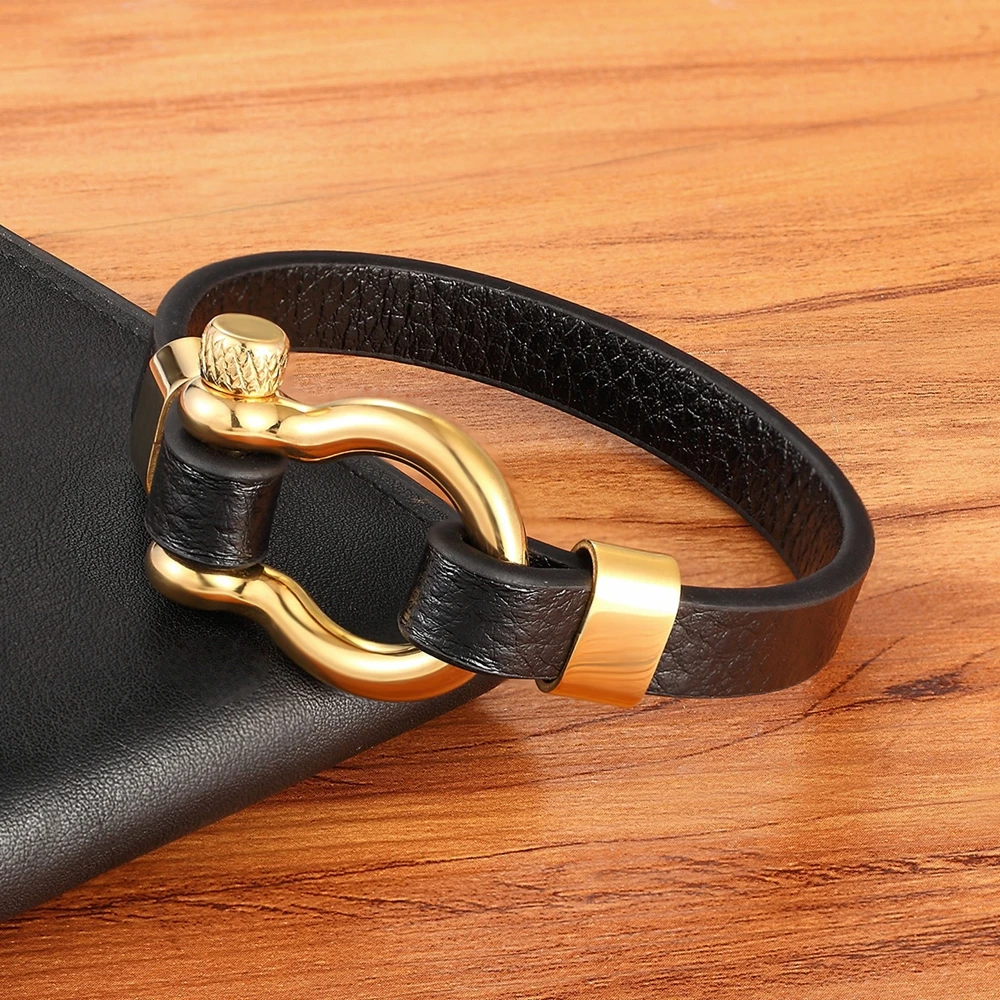 XQNI Best New Classic Hip Hop Rock Style Geometric Circle Toggle-clasps Men's Leather Bracelet 19cm/21cm Size Meaningful Gift
