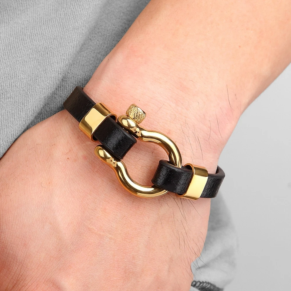 XQNI Best New Classic Hip Hop Rock Style Geometric Circle Toggle-clasps Men's Leather Bracelet 19cm/21cm Size Meaningful Gift