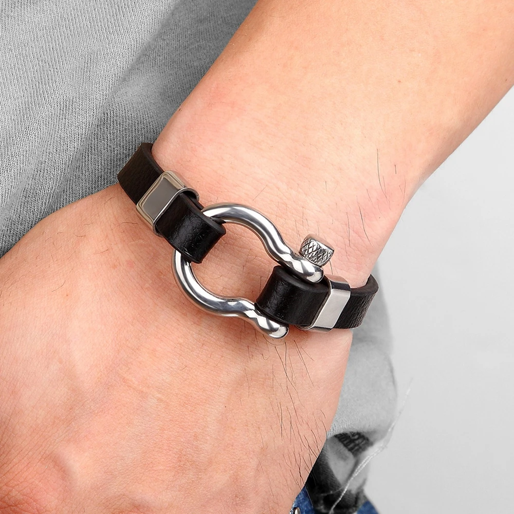 XQNI Best New Classic Hip Hop Rock Style Geometric Circle Toggle-clasps Men's Leather Bracelet 19cm/21cm Size Meaningful Gift