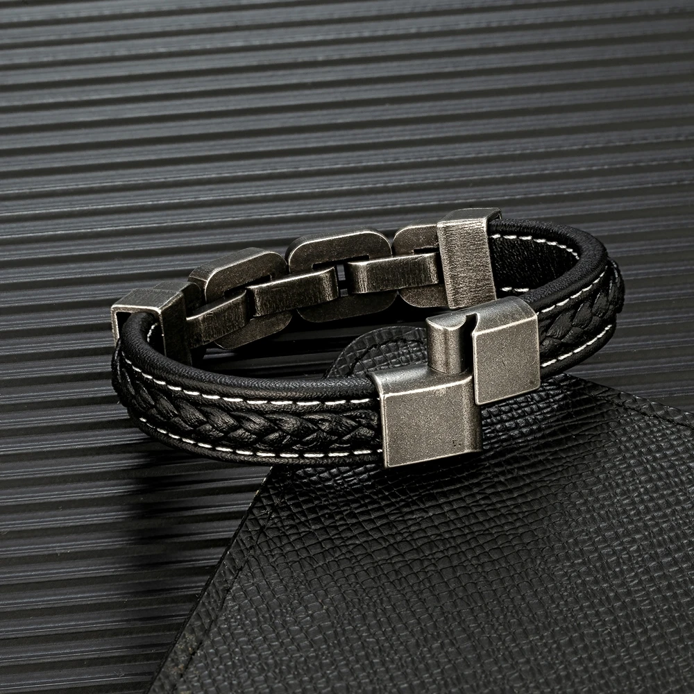 MKENDN Locomotive Men Punk Rock Wide Bicycle Chain Leather Bracelet Stainless Steel Mountain Bike Chain Accessory Male Gifts