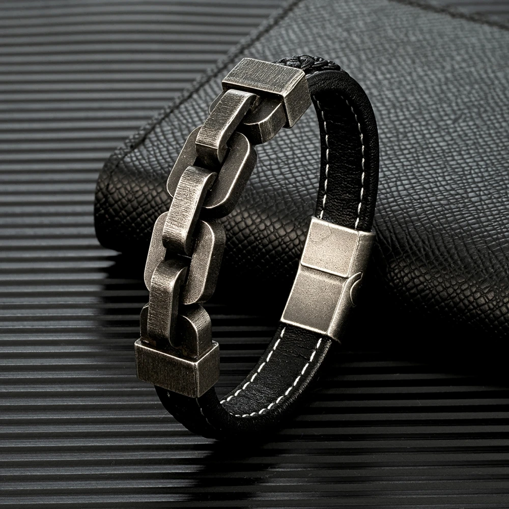 Industrial men’s Chain Leather Bracelet with antique steel and black leather band