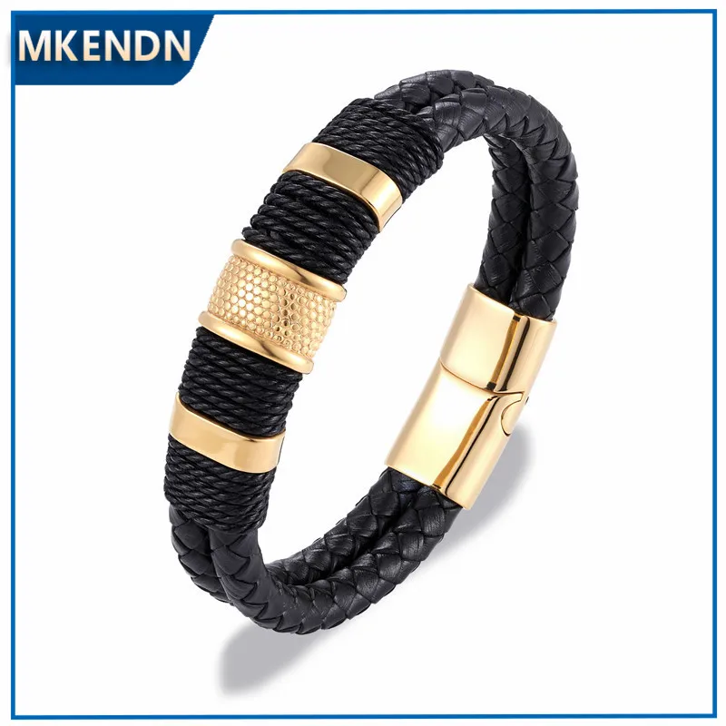 MKENDN Punk Men Jewelry Black/Brown Braided Leather Bracelet Stainless Steel Magnetic Clasp Fashion Bangles 19/21/23cm