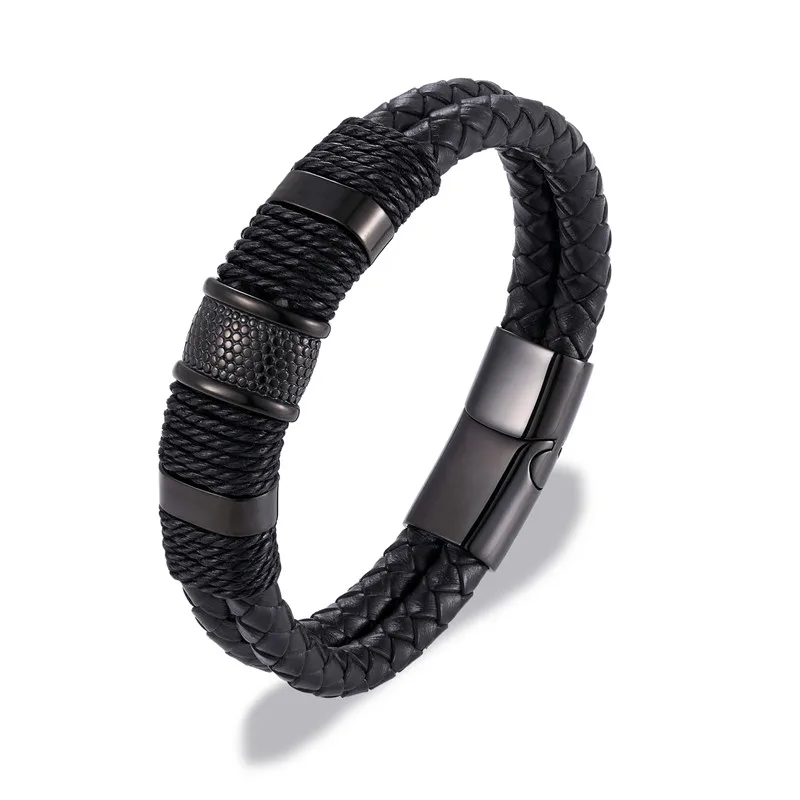 MKENDN Punk Men Jewelry Black/Brown Braided Leather Bracelet Stainless Steel Magnetic Clasp Fashion Bangles 19/21/23cm