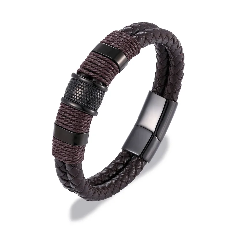 MKENDN Punk Men Jewelry Black/Brown Braided Leather Bracelet Stainless Steel Magnetic Clasp Fashion Bangles 19/21/23cm