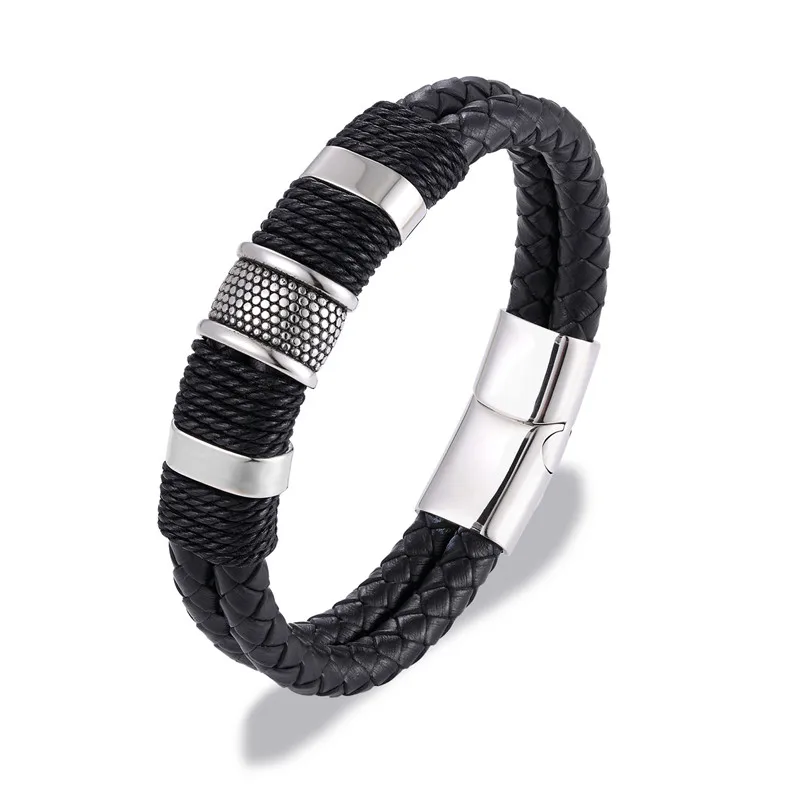 MKENDN Punk Men Jewelry Black/Brown Braided Leather Bracelet Stainless Steel Magnetic Clasp Fashion Bangles 19/21/23cm