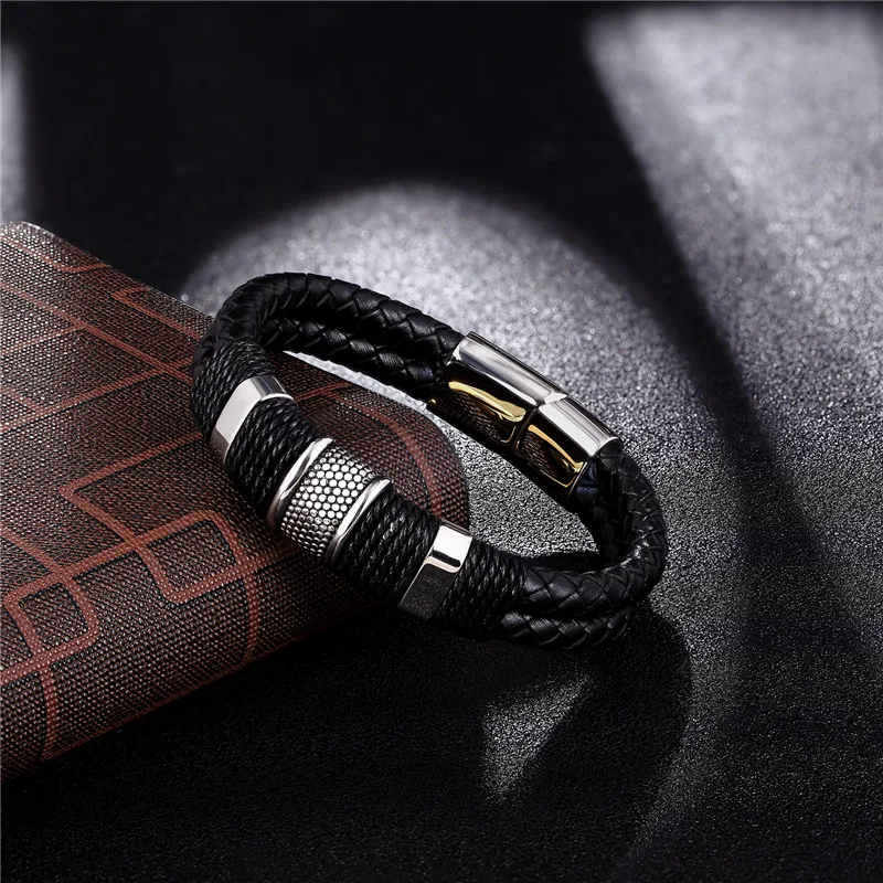 MKENDN Punk Men Jewelry Black/Brown Braided Leather Bracelet Stainless Steel Magnetic Clasp Fashion Bangles 19/21/23cm