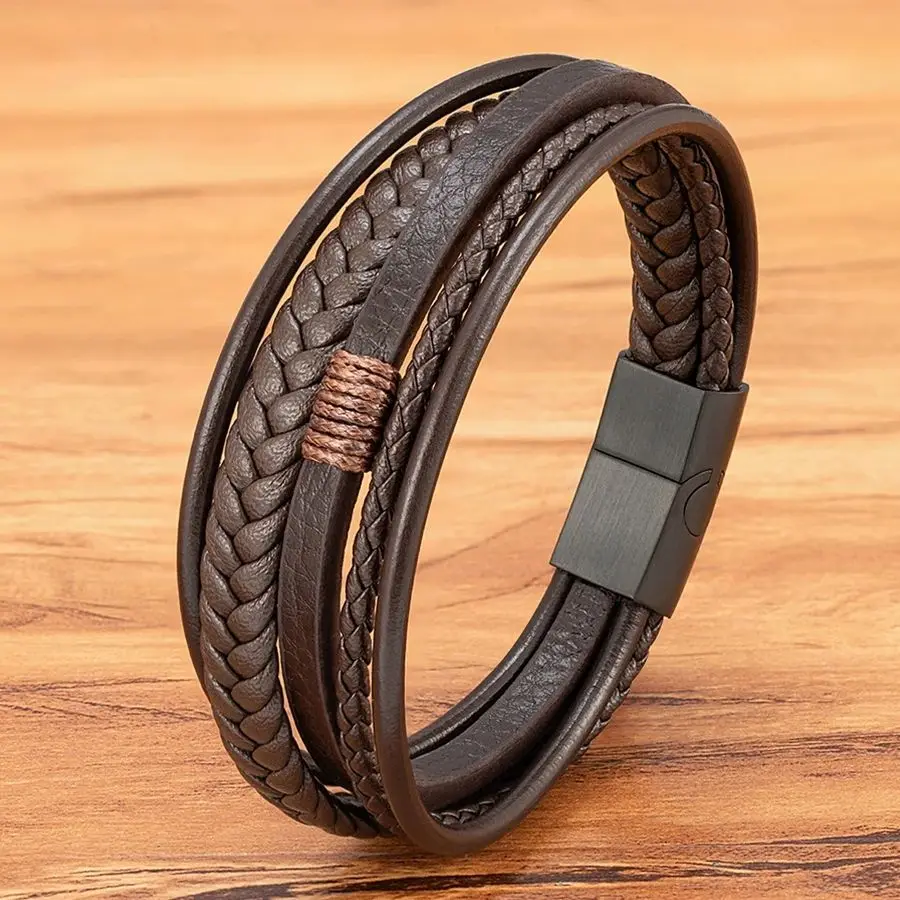 Brown Multi-Strand Leather Bracelet with steel clasp
