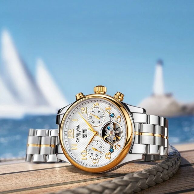 Carnival 1986 watch with a white dial and multiple sub-dials, set against a blurred background of a sunny ocean scene with sailboats.