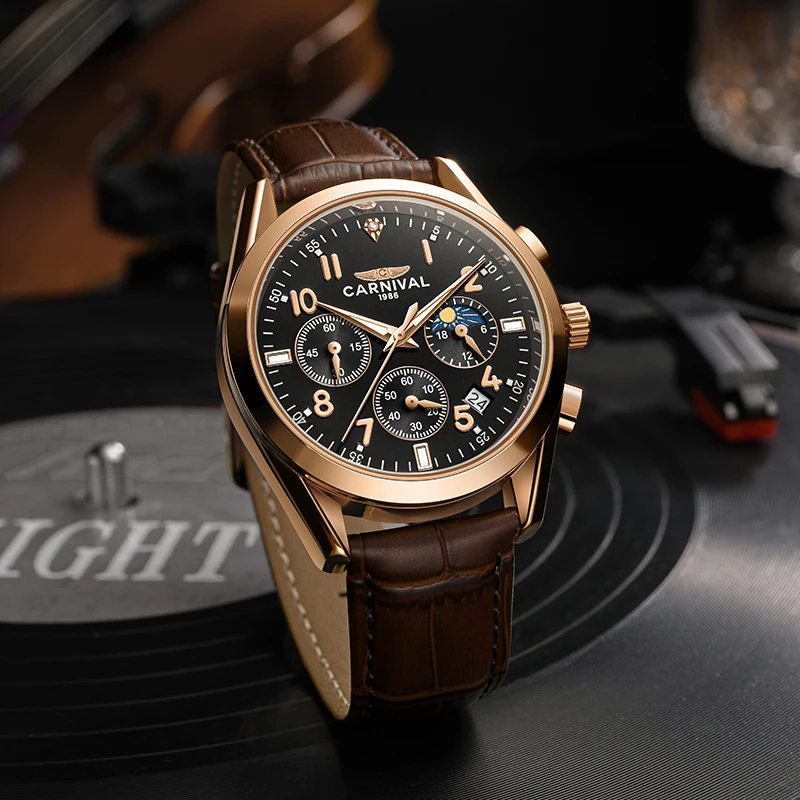 Elegant Carnival 1986 chronograph watch with gold-tone case and brown leather strap.