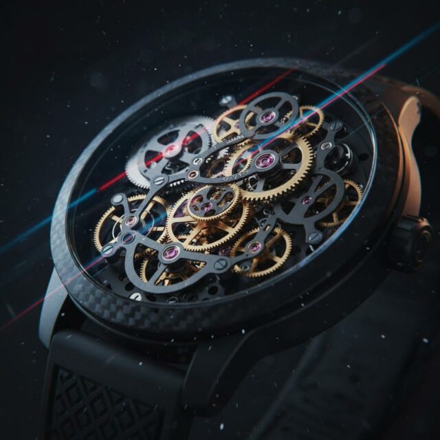 Abstract, zoomed-in image of a dark-toned OBLVLO skeleton watch movement with a subtle red glow