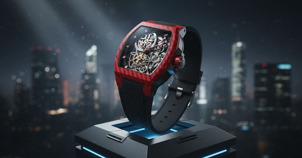 black and steel OBLVLO automatic skeleton watch, showcasing its exposed mechanical movement, gears, and futuristic case design against a dark, sophisticated backdrop