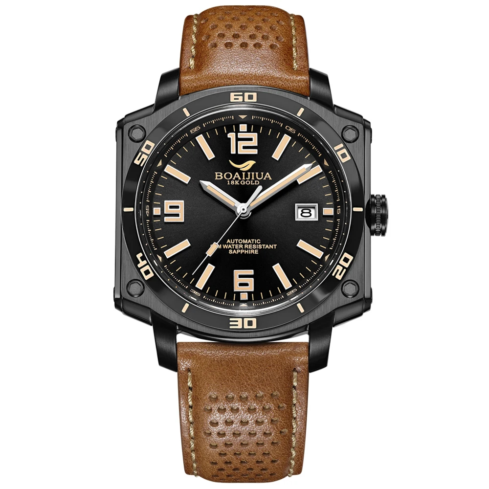 boajiua b8005g mechanic automatic mens watch black dial 316l steel sapphire