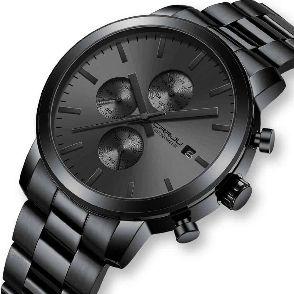 Men's sleek black stainless steel chronograph watch with multiple dials, date display, and water resistance.