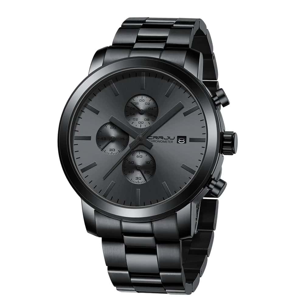 Men's black stainless steel chronograph watch with silver dial and multiple subdials for precise timekeeping.