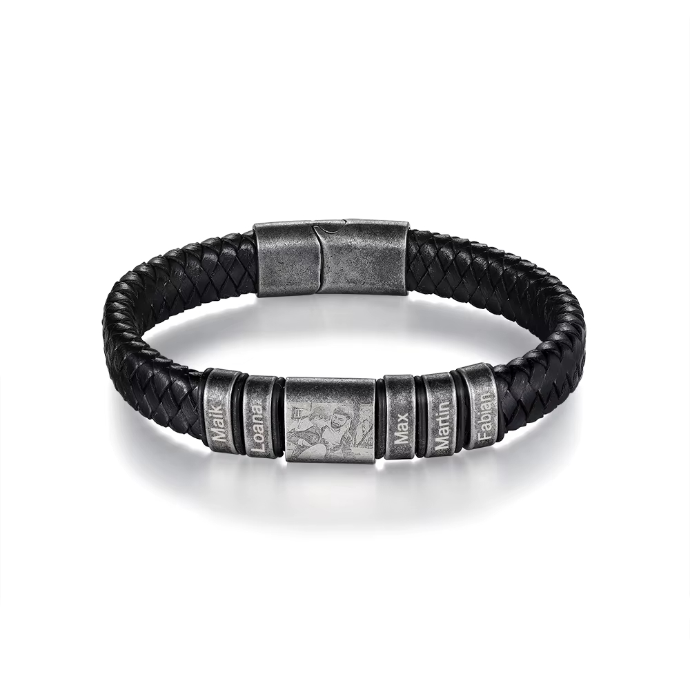 Personalized leather bracelet with engraved name beads