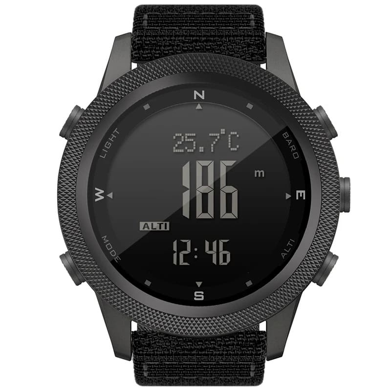 Outdoor tactical watch with digital compass and weather display.
